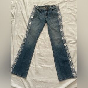 New York & Company Blue Flare Jeans with White Lace